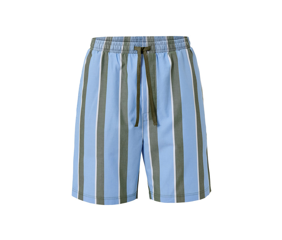 Csíkos/szürke férfi rövidnadrágos pizsama, kék, szürke és fehér függőleges csíkokkal.