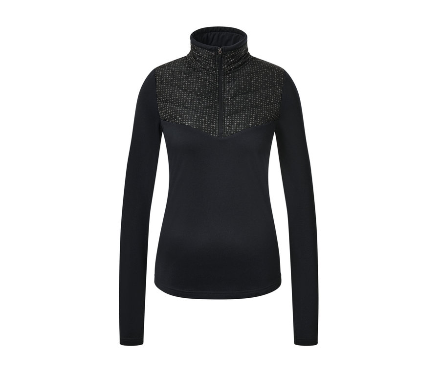 Egy fekete, hosszú ujjú, cipzáras hibrid termofelső.