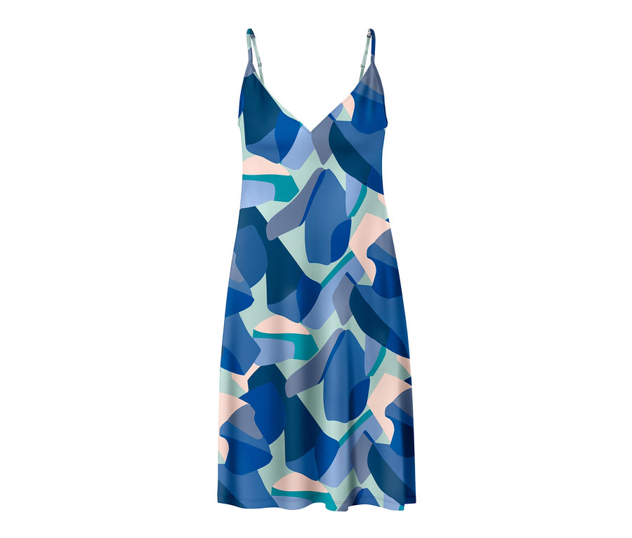 Egy kék, absztrakt mintás pántos hálóing.