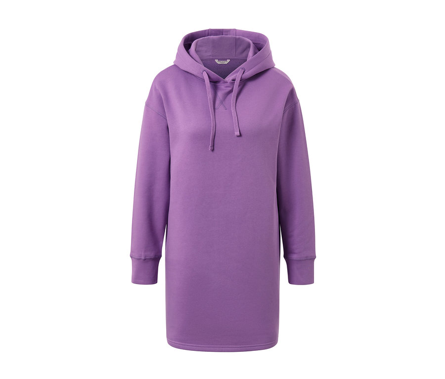 Lila hosszú kapucnis felső.