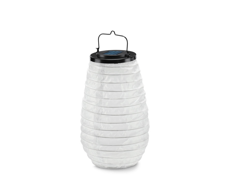 Egy fehér napelemes lampion fekete fogantyúval.