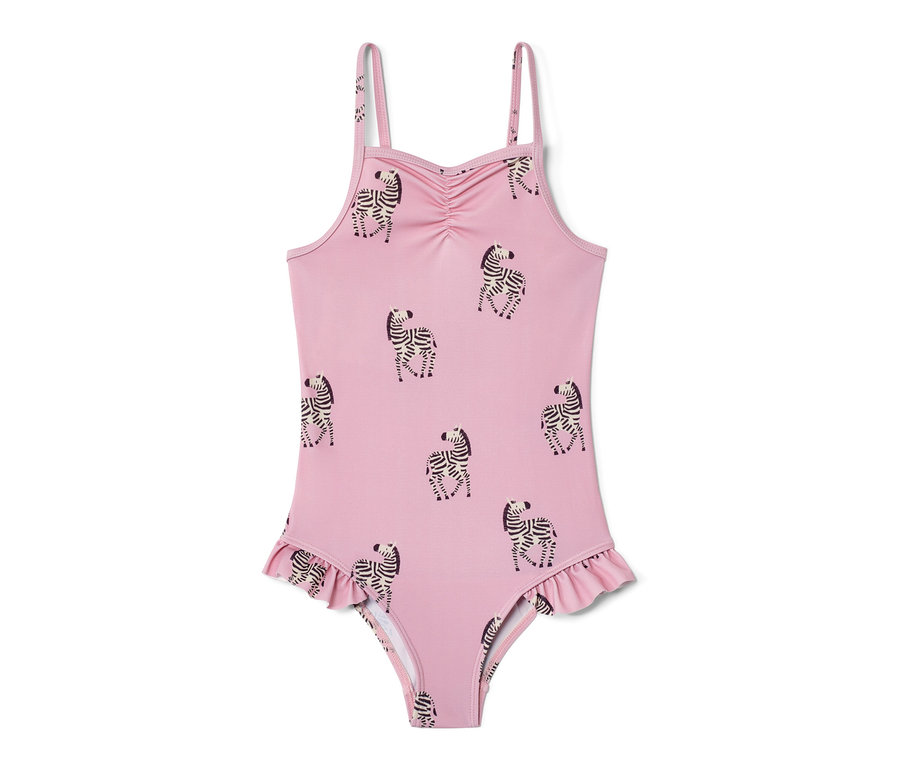 Rózsaszín, fodros fürdőruha zebra mintával.