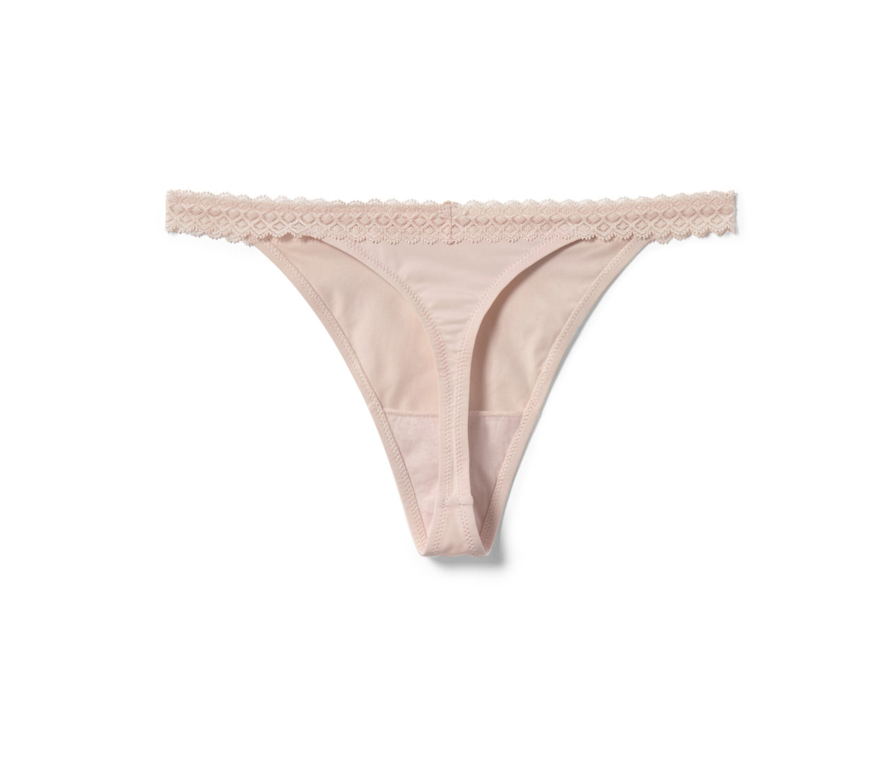 Egy bézs színű tanga közelről, csipkével, az 5 tanga szettből