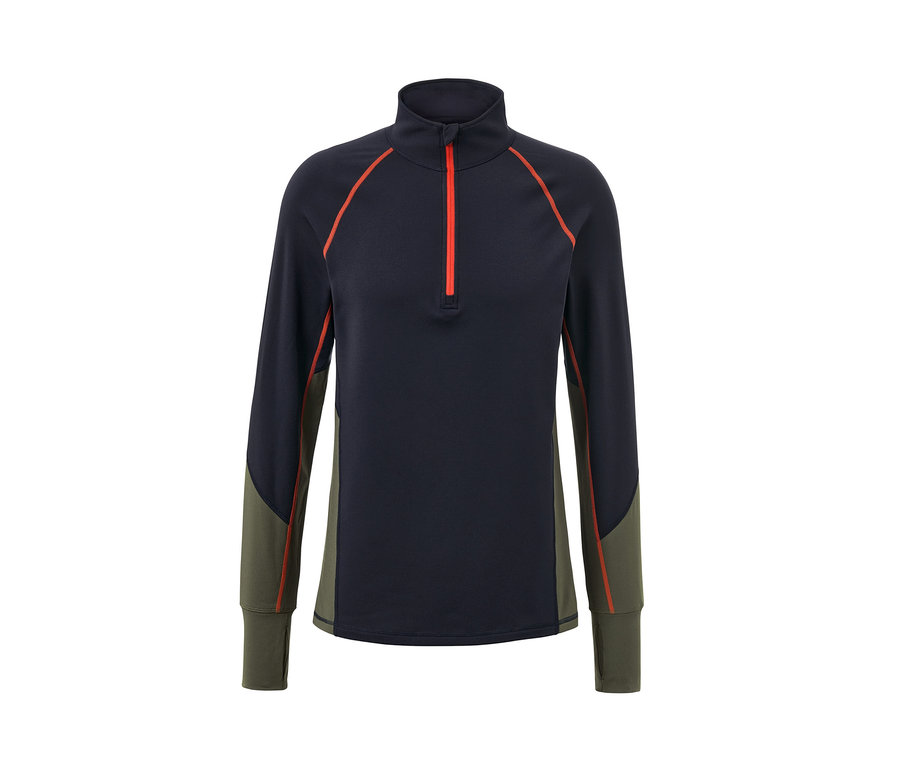 Sötétkék színű, hosszú ujjú funkcionális termofelső, piros cipzárral.