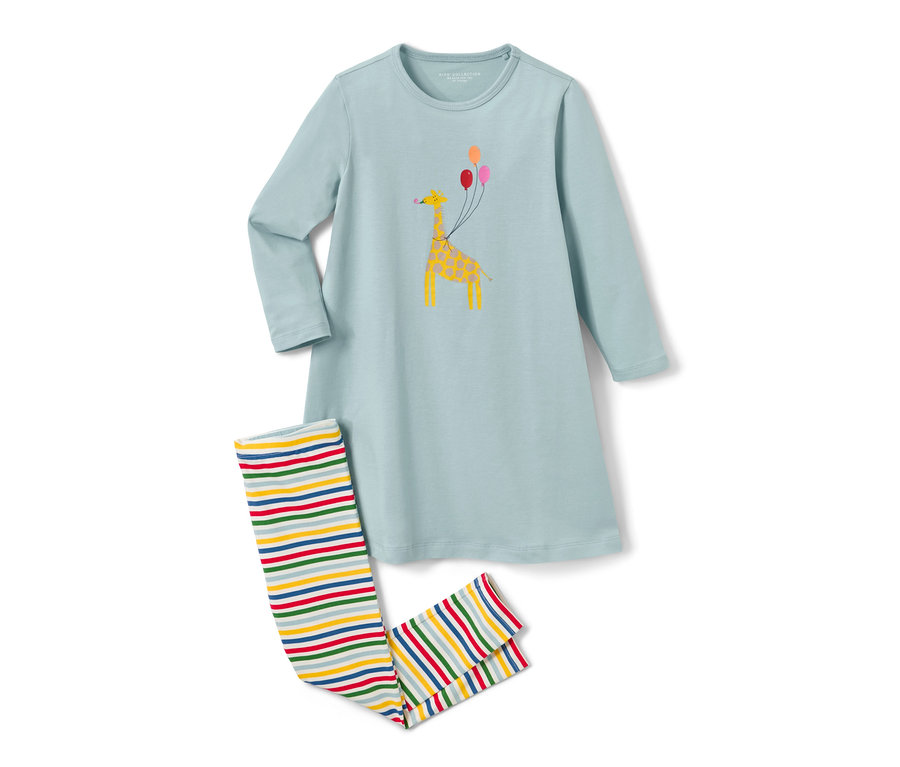 Kislány hálóing, leggingsszel. A hálóingen egy zsiráf látható léggömbökkel. A leggings színes csíkos.