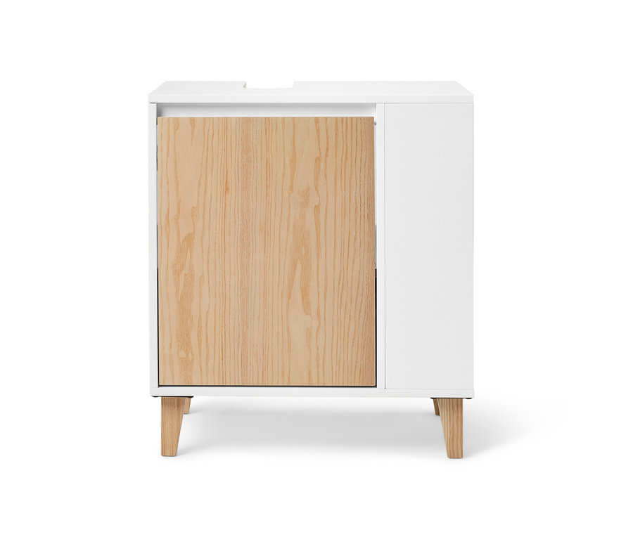 Mosdó alatti szekrény, 1 ajtós, fehér/fa. Az ajtó fa színű, a többi része fehér.
