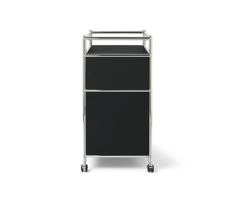 Fekete »CN3« fém komód egy fiókkal, egy lenyíló ajtóval és kerettel.