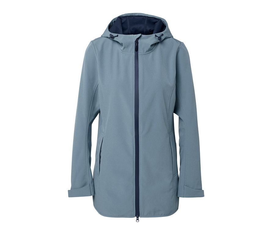 Kék softshell dzseki cipzárral és kapucnival.