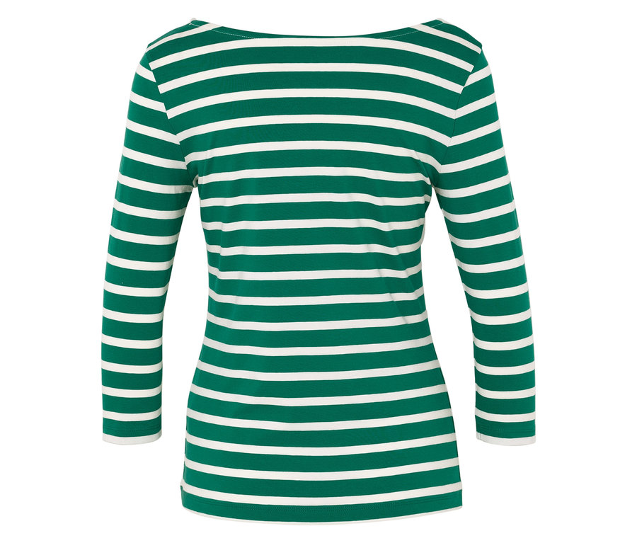 Zöld-fehér csíkos hosszú ujjú póló.