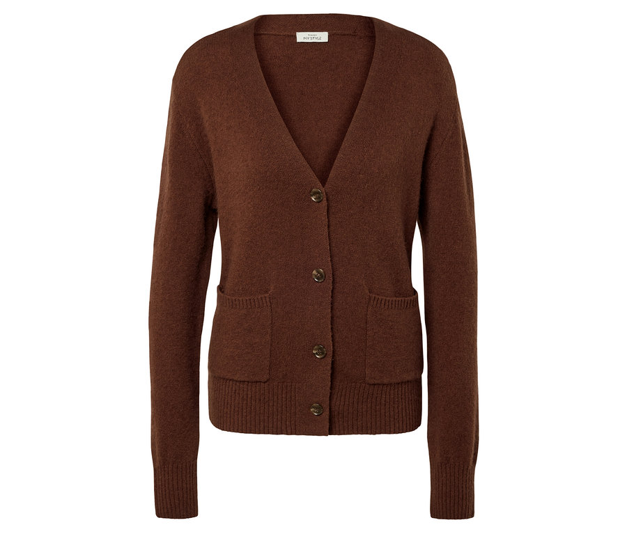 Barna kötött kardigán V-nyakkivágással, gombokkal és zsebekkel.