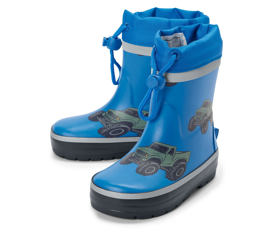 Kék gyerek gumicsizma, teherautó mintával.