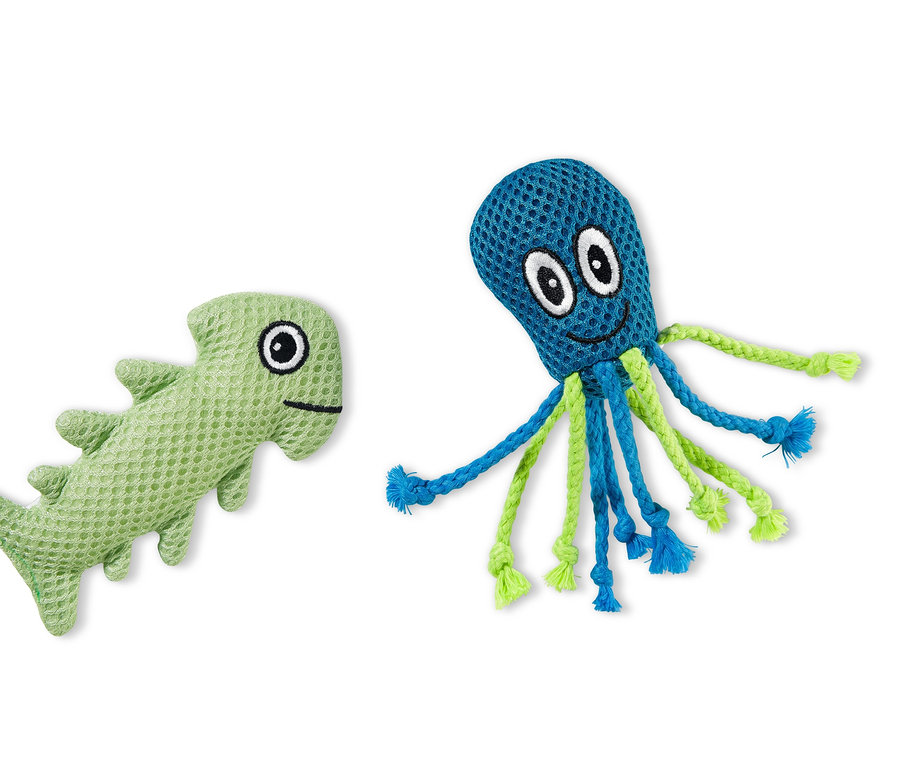 Két fogápoló játék macskáknak: egy zöld hal és egy kék polip.