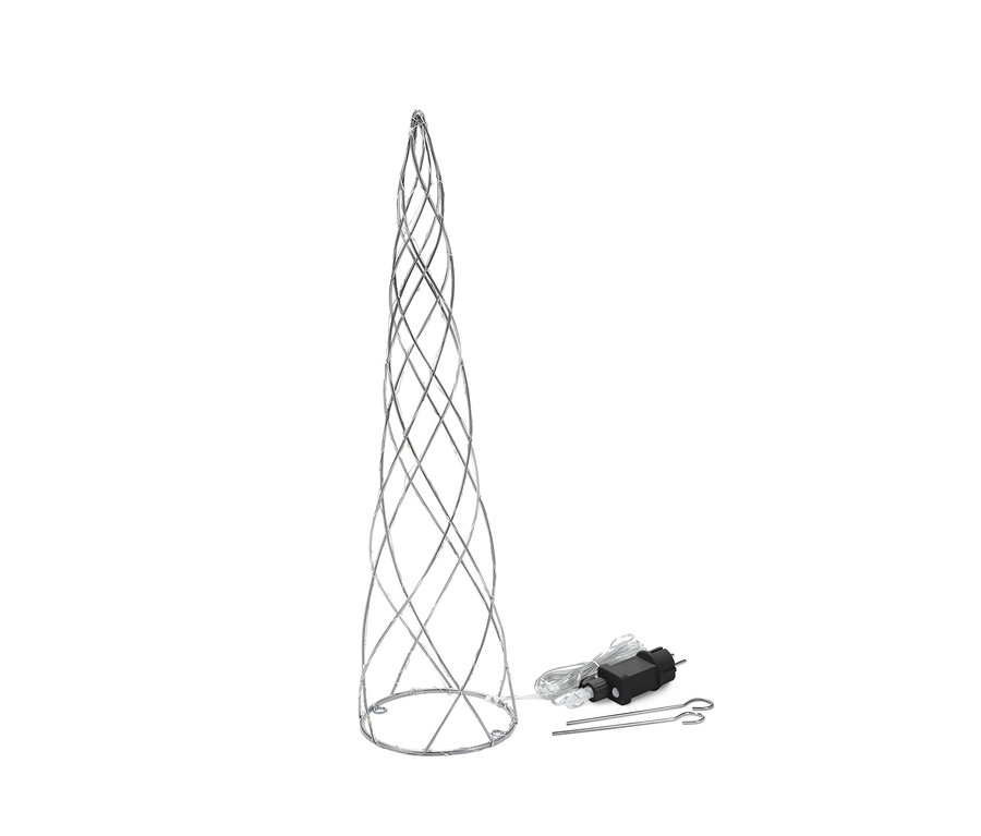 Egy LED-es fém fenyőfa hálózati adapterrel és rögzítő cövekekkel.