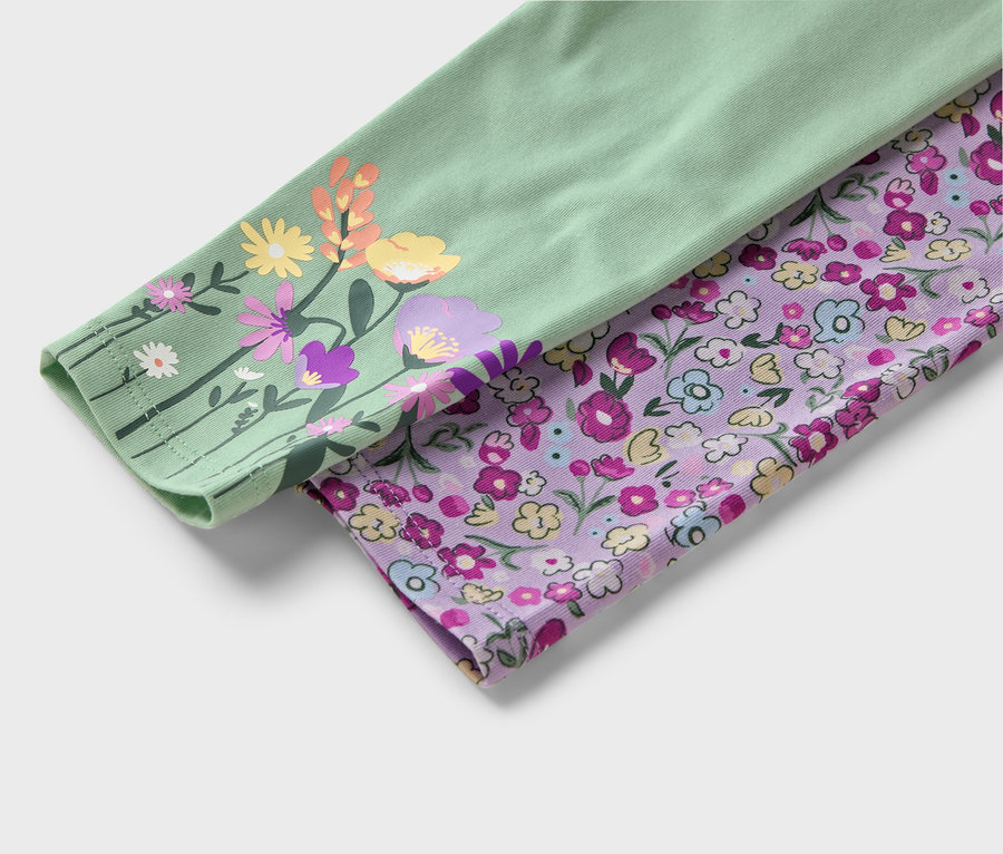 Két szövetujja részlete. Az egyik világoszöld, színes virágokkal, a másik lila, apró virágokkal.