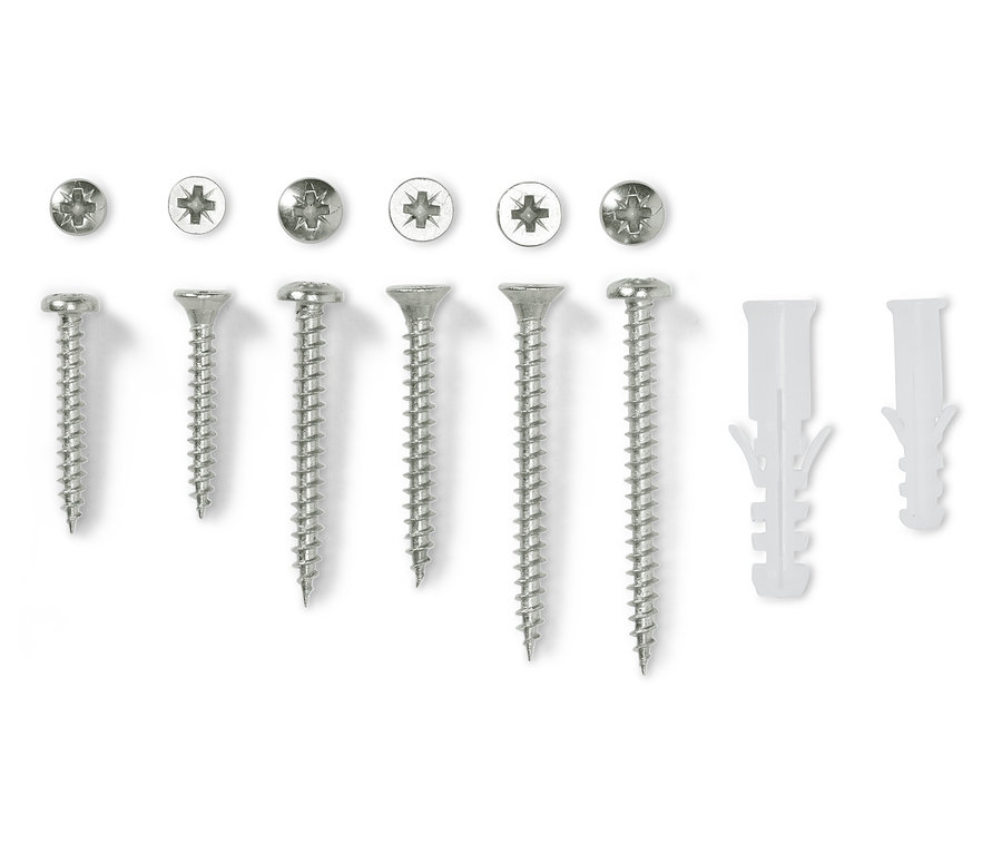 Csavar- és tiplikészlet fehér háttéren.