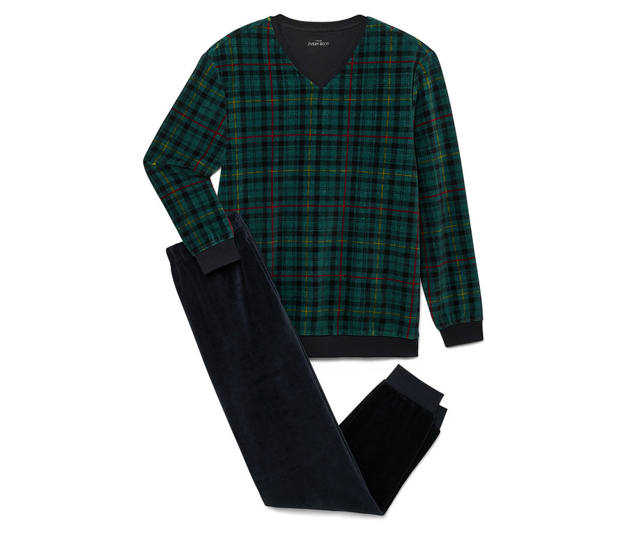 Pizsama szett: zöld kockás hosszú ujjú felső és sötétkék bársony nadrág.