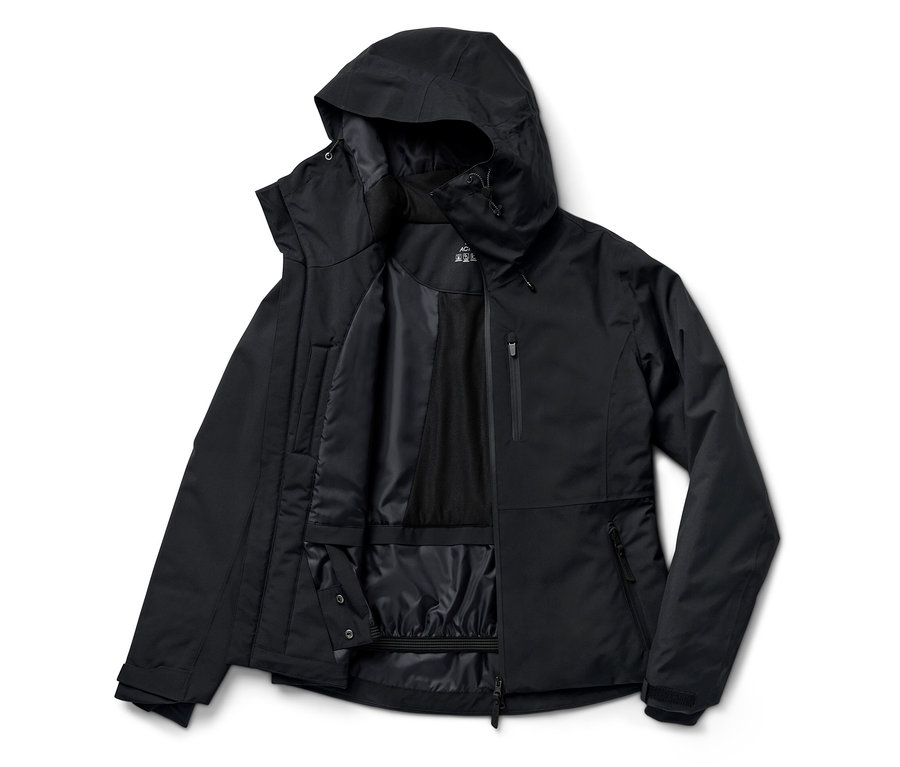 Fekete, kapucnis dzseki, nyitva, látható belső béléssel.