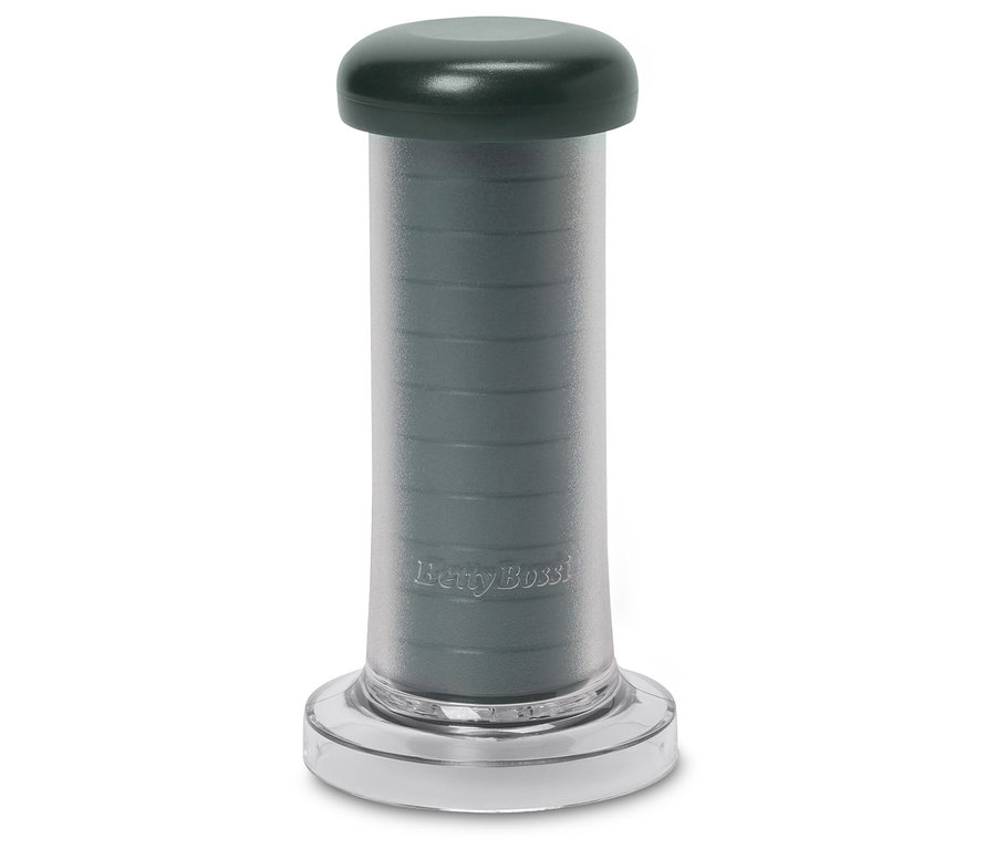 Betty Bossi tésztanyomó szürke fogantyúval és átlátszó testtel.