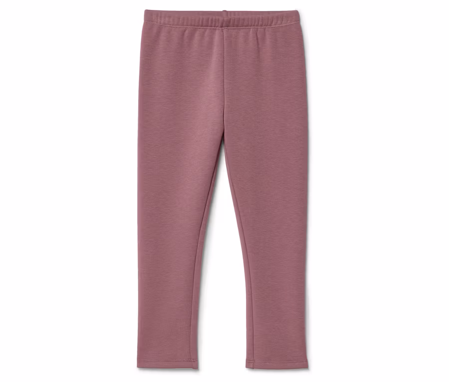 Lila színű leggings gumis derékpánttal fekszik fehér háttéren.