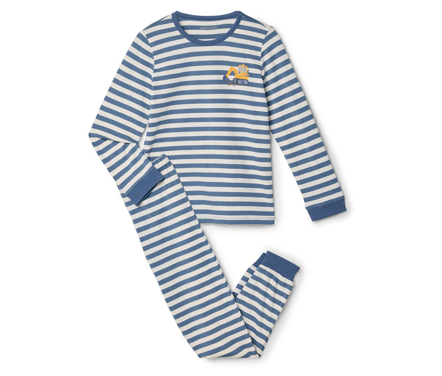 Csíkos, kétrészes pizsama markoló applikációval.