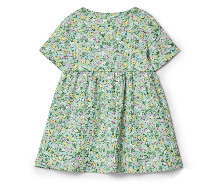 Egy világoszöld, rövid ujjú ruha virágmintával.