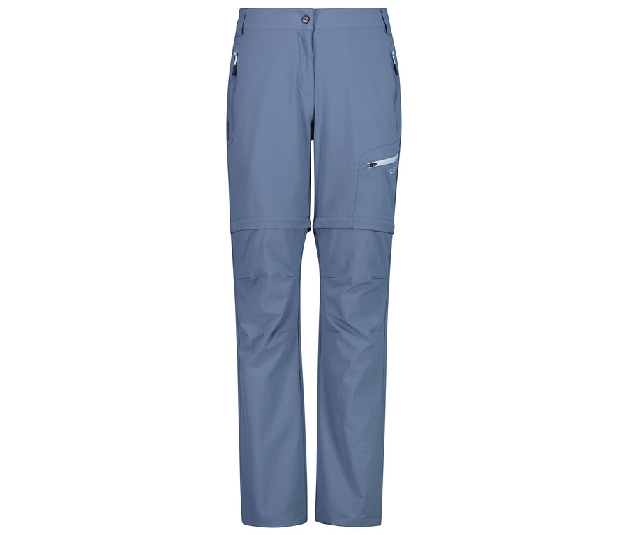 Kék, hosszú, részben nyitott nadrág zsebekkel látható fehér háttér előtt.