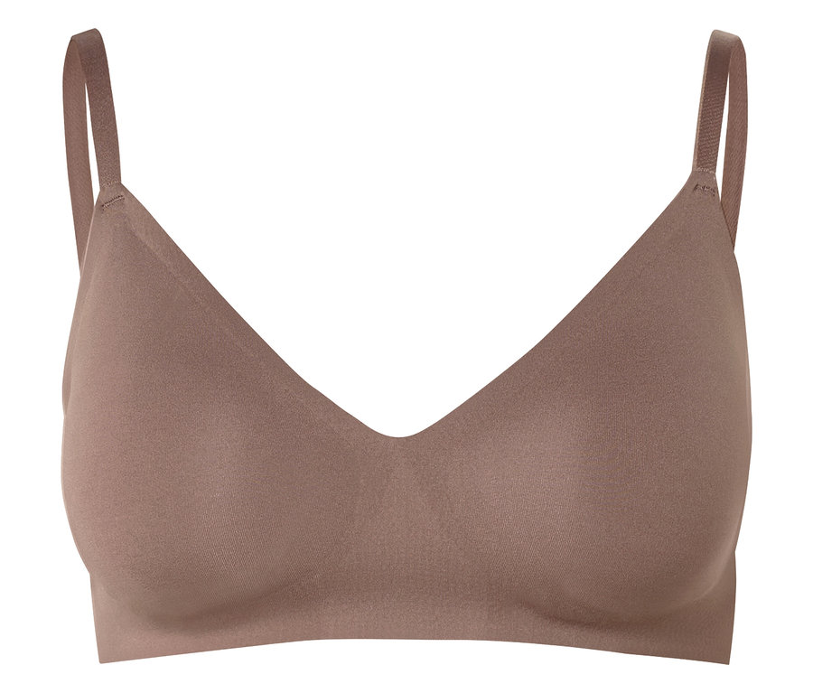 Testsínű színű, V-nyakú, vékony pántos melltartó fehér háttér előtt.
