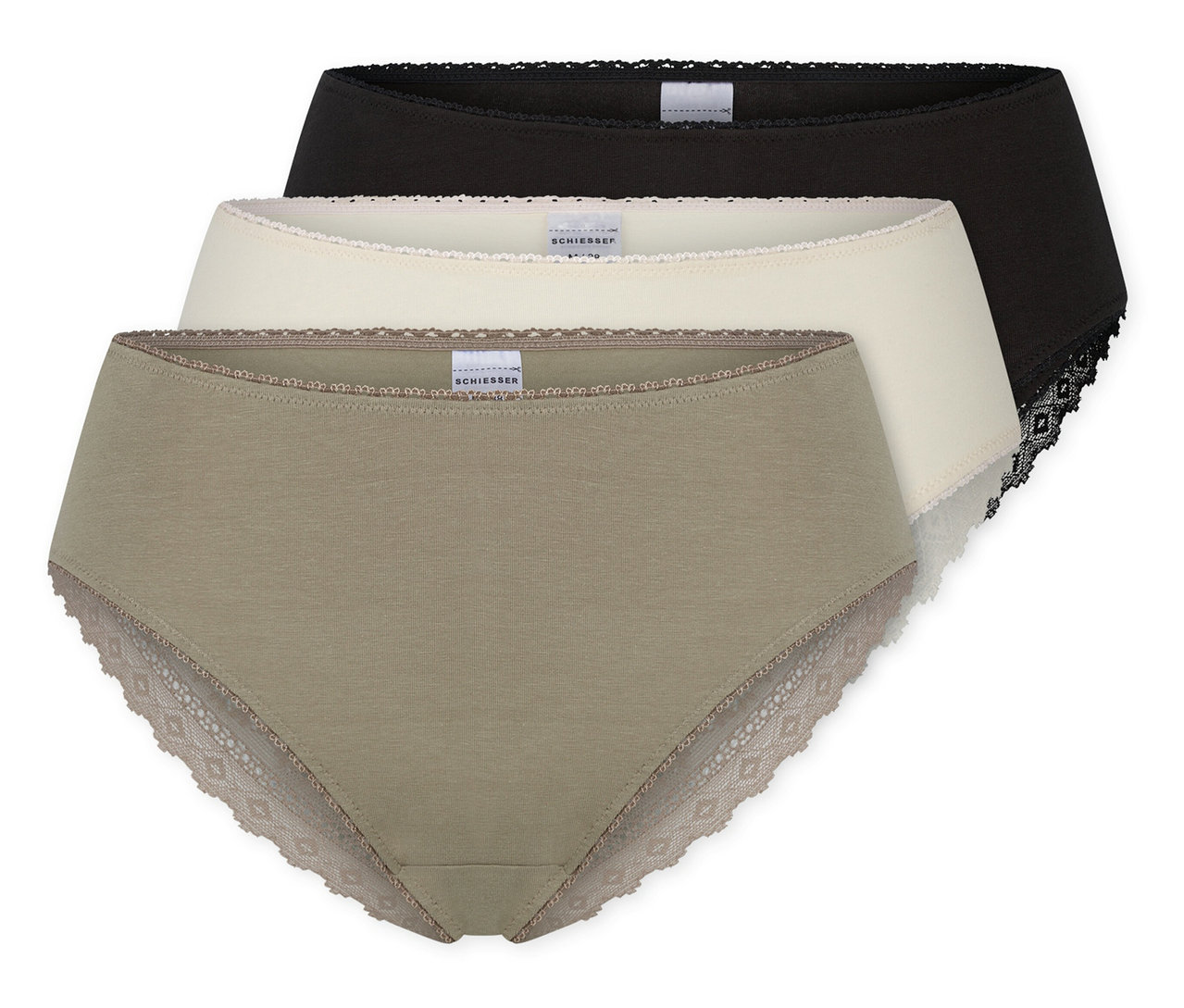 Három bugyi fekete, bézs és olíva zöld színben egymáson, mindegyik csipkés részletekkel.