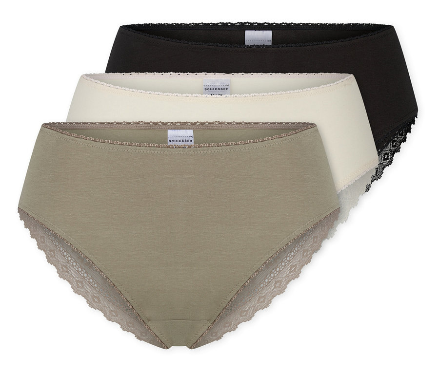 Három bugyi fekete, bézs és olíva zöld színben egymáson, mindegyik csipkés részletekkel.