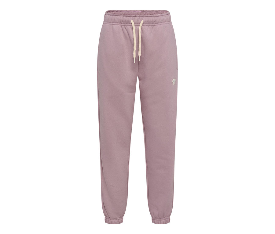 hummel® »HMLJR Loose Sweatpants Bee« matt lila színben, elasztikus derékrésszel, világos bézs húzózsinórral és bokamandzsettával. Kis logó a jobb combon.