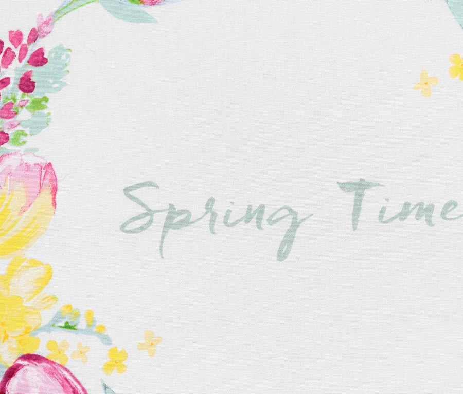Virágkoszorú és a Spring Time felirat. 3 konyharuha szettben, nyuszis/virágos.