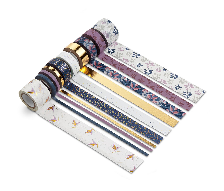 Tíz különböző színű és mintázatú dísz ragasztószalag szettben.