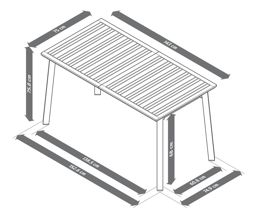 Ábra egy kb. 143/203 cm-es kerti asztalról, kihúzható /eukaliptusz kivitelben, méretekkel.