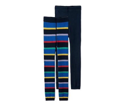 Két kötött leggings: egy csíkos, a másik egyszínű sötétkék.