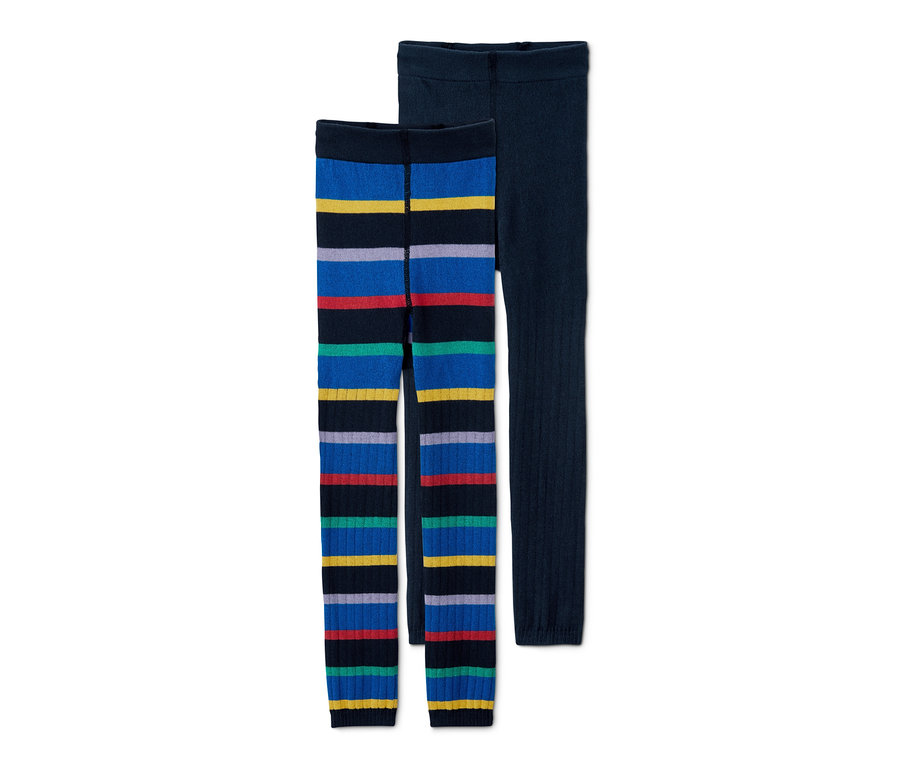 Két kötött leggings: egy csíkos, a másik egyszínű sötétkék.