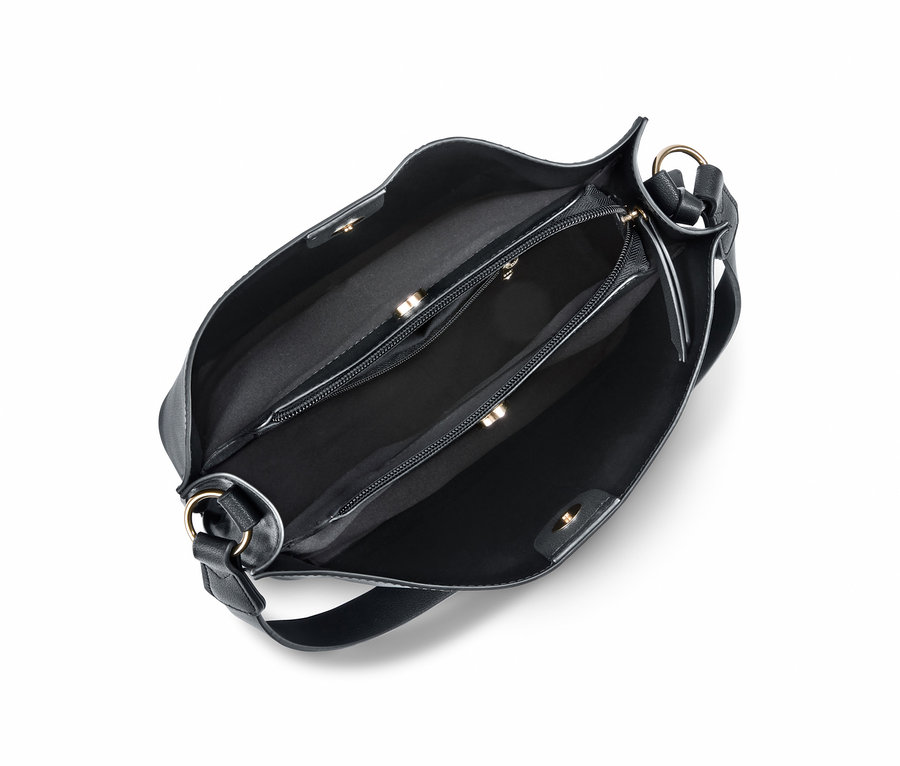 Fekete, bőrhatású női válltáska belső cipzáros zsebbel.