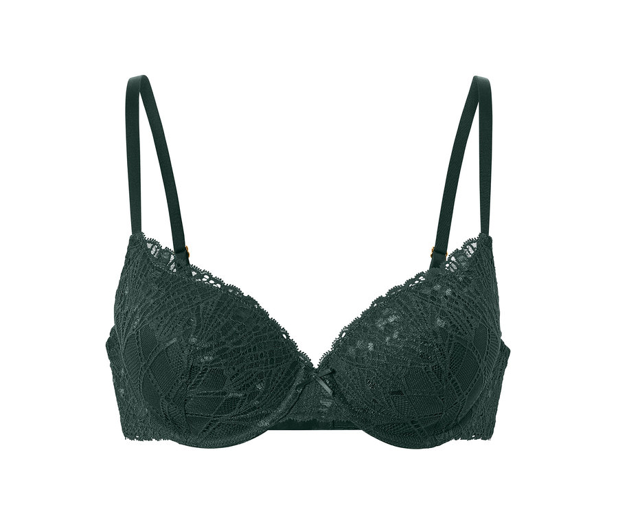 Csipkés, sötétzöld női kosaras melltartó.
