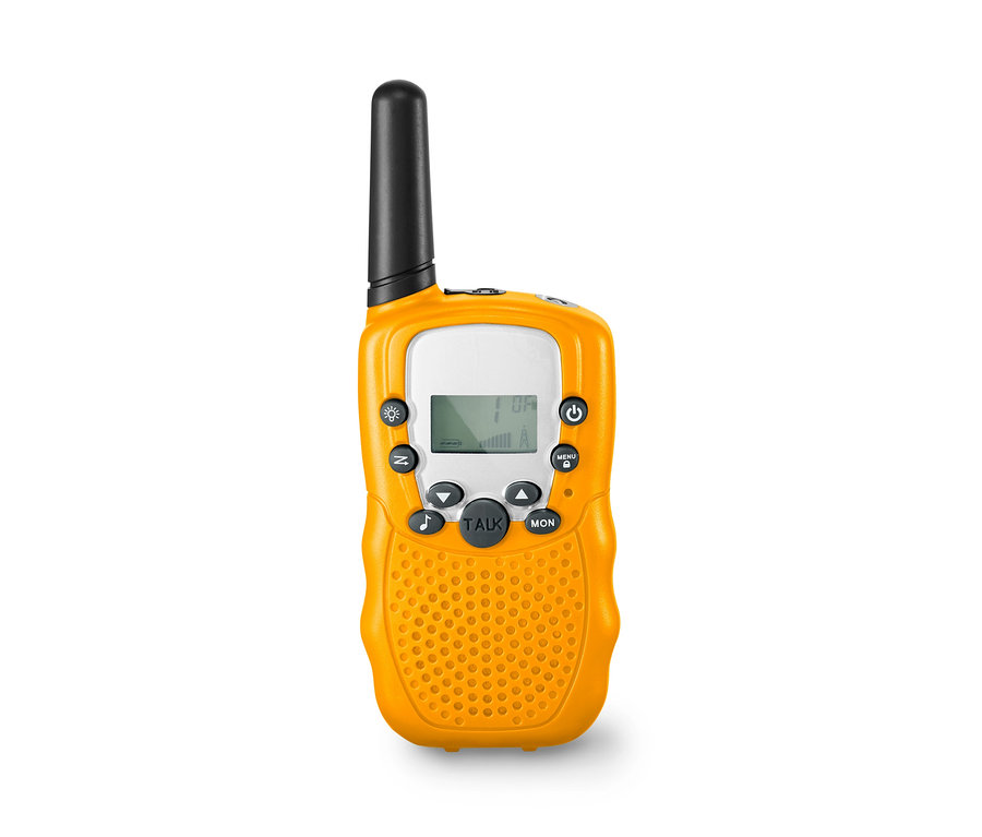 Egy sárga 2 walkie-talkie szett fekete antennával.
