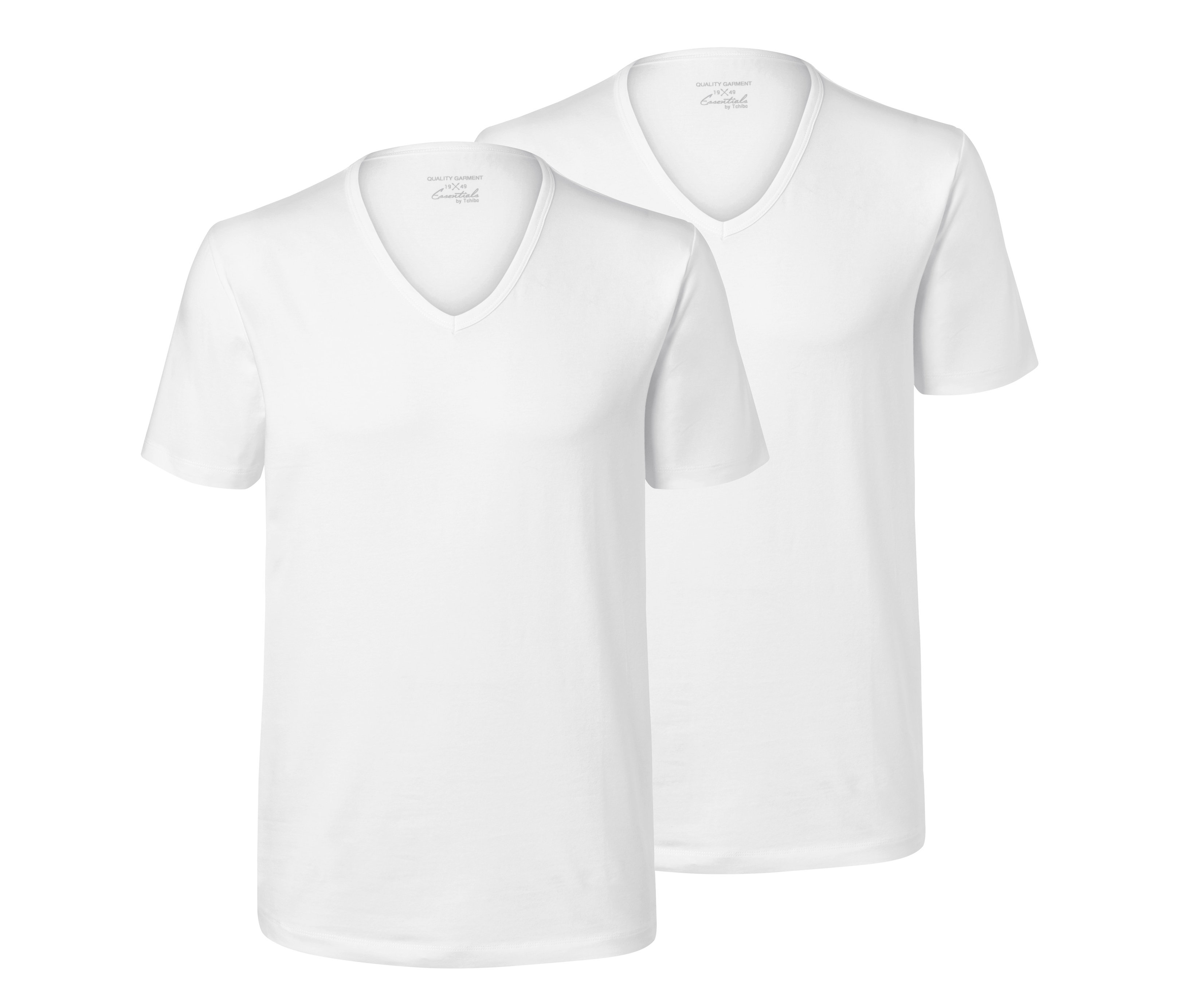 Két fehér, rövid ujjú póló, 2 férfi V-nyakú póló ing alá szettben, fehér, egymáson.