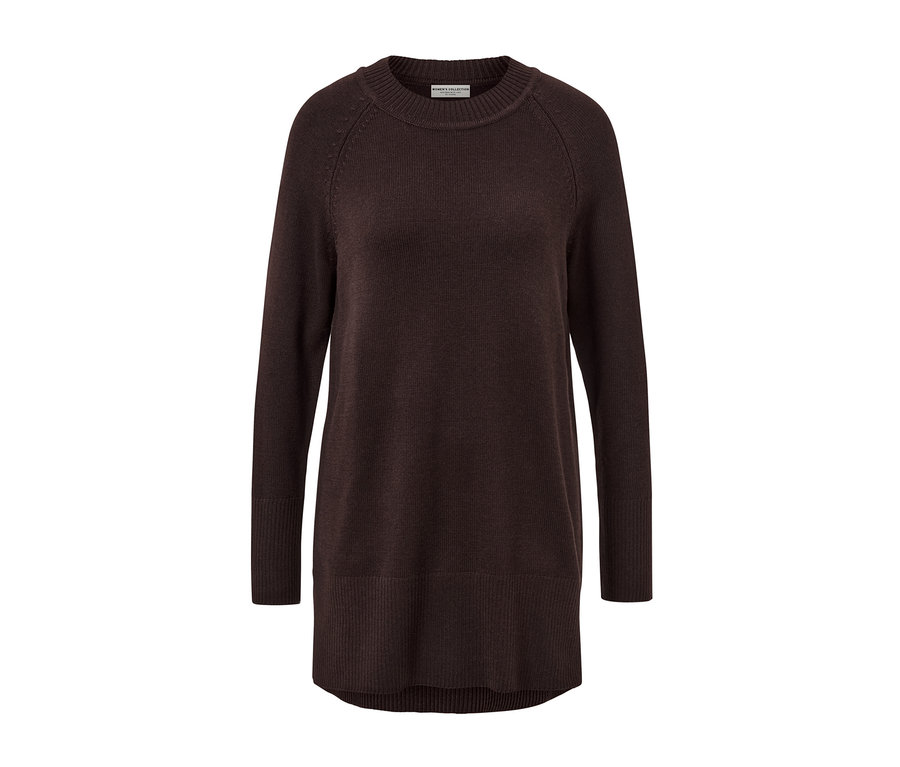 Női hosszú kötött pulóver, sötétbarna.