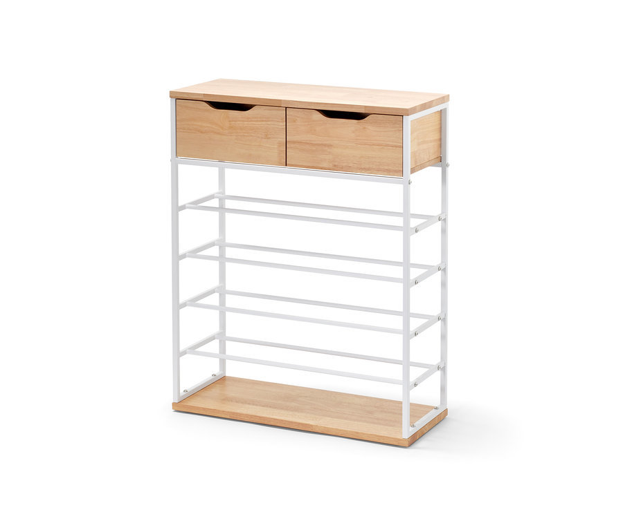 Cipőspolc, 2 fiókkal, kaucsuk/fehér színben, fa fiókokkal és fehér vázzal.