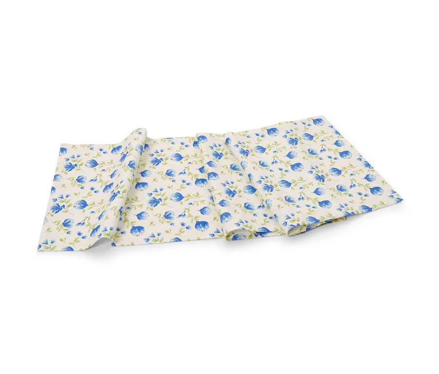 Pamut asztali futó kék virágmintával.