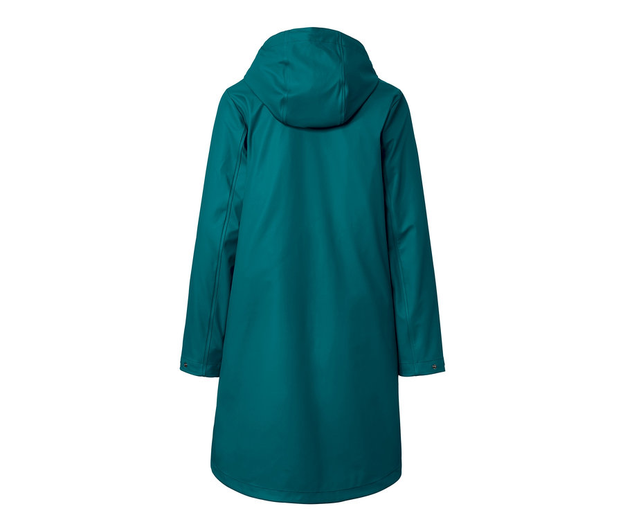 Hátulnézet egy hosszú, petrolkék, kapucnis női parka esőkabátról.