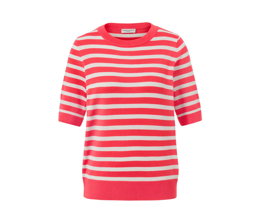 Csíkos, finomkötött, rövid ujjú pulóver.