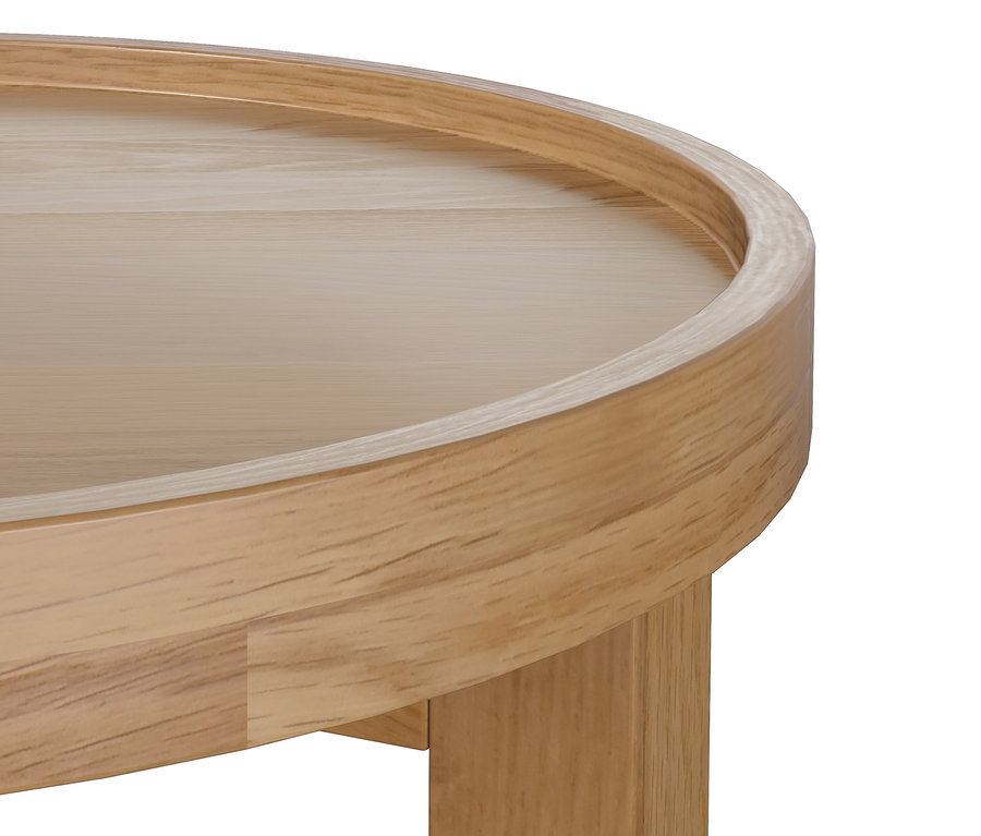 Egy világos fából készült, kerek asztal részlete.