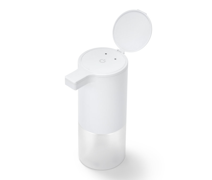 Fehér, szenzoros szappanadagoló nyitott fedéllel.