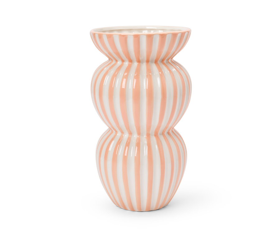 Egy nagy, rózsaszín és fehér csíkos váza.