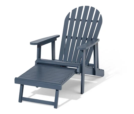 Kék, egyszemélyes Adirondack relaxációs fotel kihúzható lábtámasszal beltérben.