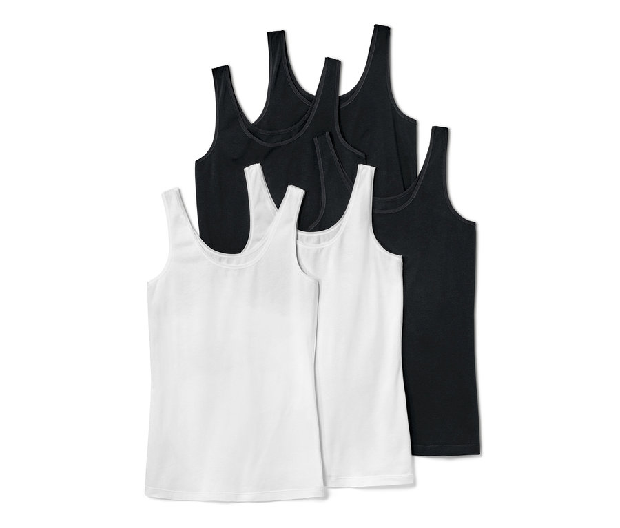 Öt női trikó, kettő fehér és három fekete.