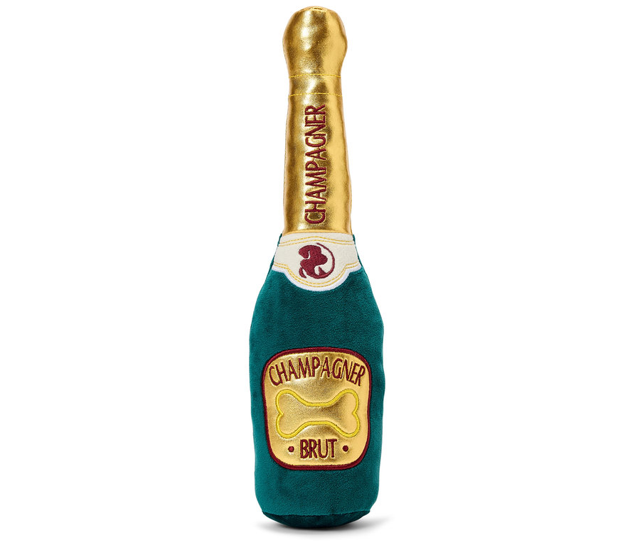 Plüss játék kutyáknak, pezsgős üveg formájában.